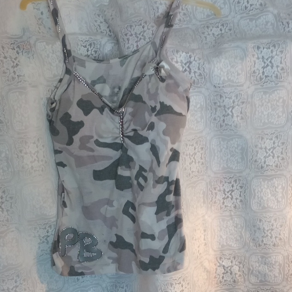 PINK Victoria's Secret Neutral Camo Rhinestone Trim Spaghetti Tank